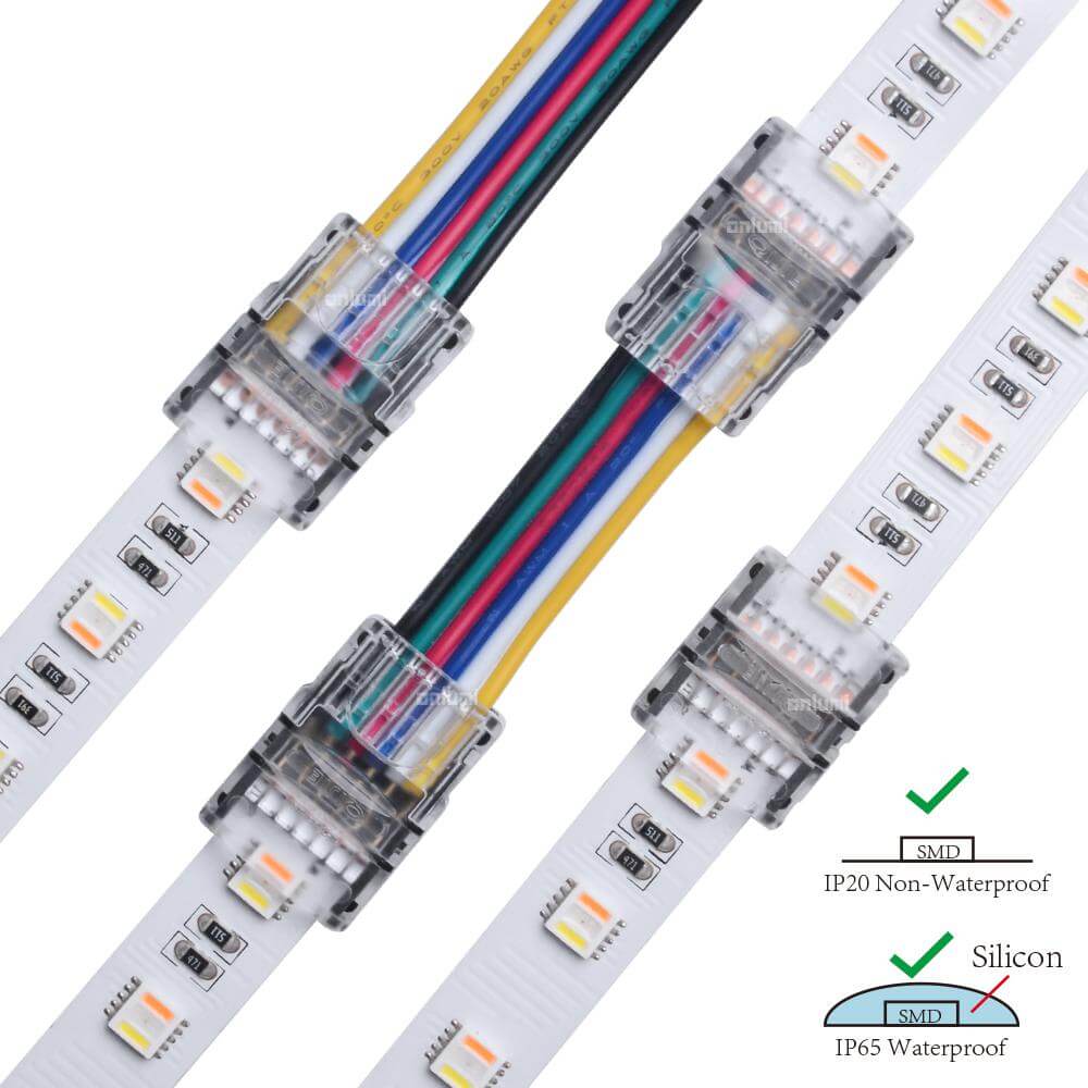 6 PIN 12mm RGBWW/RGB+CCT Hippo LED Strip to Wire Connector Unsoldered Snap IP65 