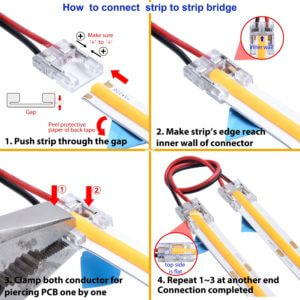 how to use COB led strip connector 10mm 2 pin strip to wire